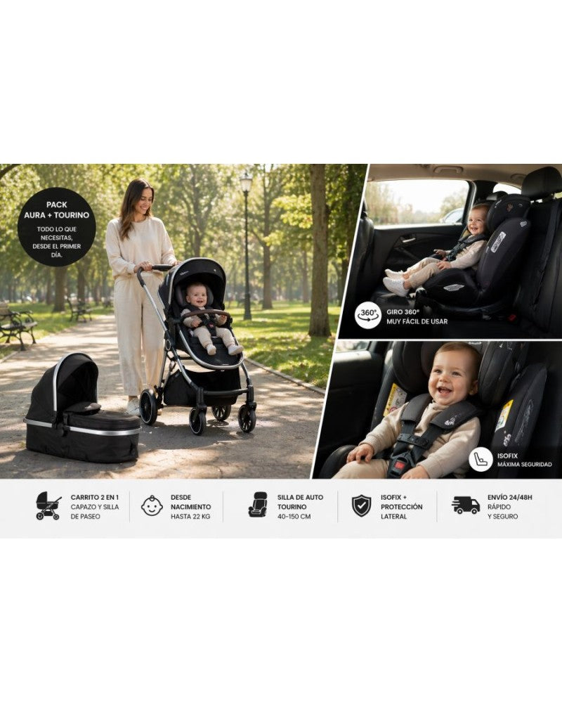 PACK Carrito duo convertible AURA obsidian silver + Silla de auto TOURINO grey mix