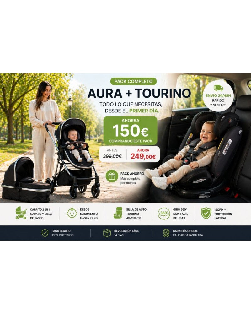 PACK Carrito duo convertible AURA obsidian silver + Silla de auto TOURINO grey mix