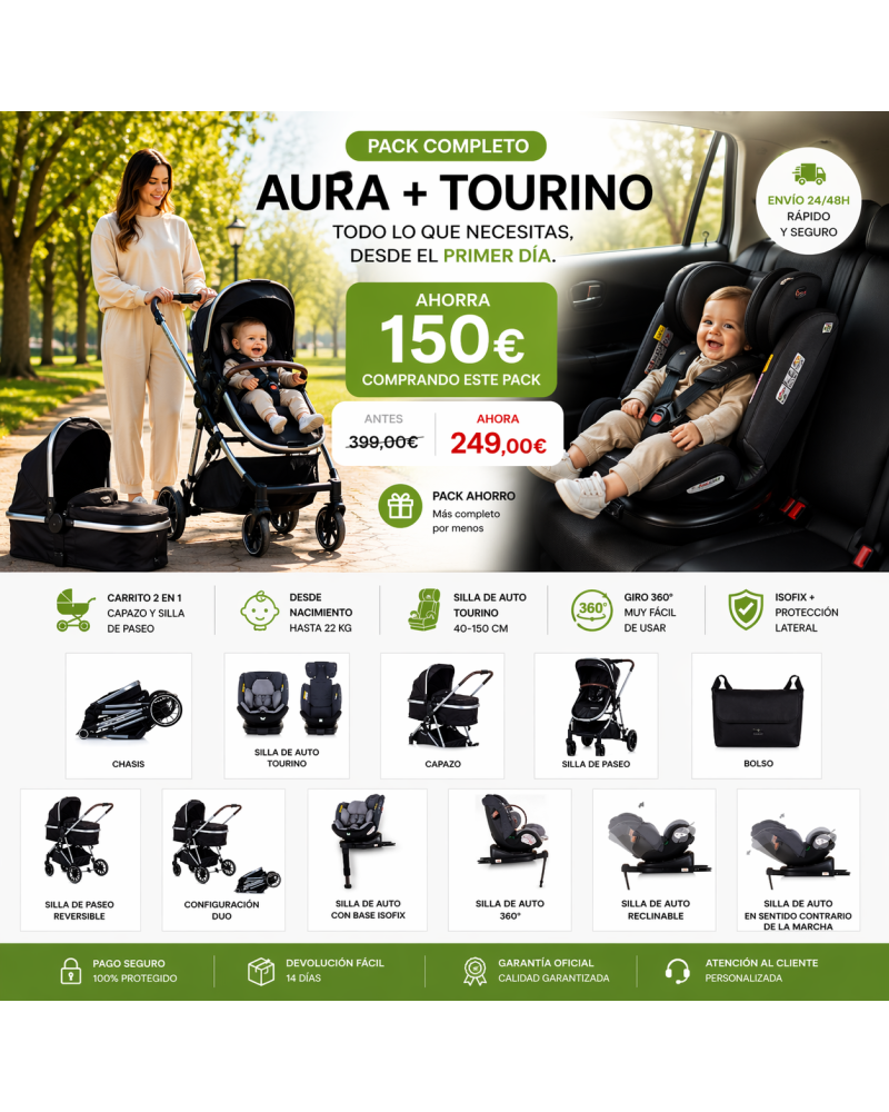 PACK Carrito duo convertible AURA obsidian silver + Silla de auto TOURINO grey mix